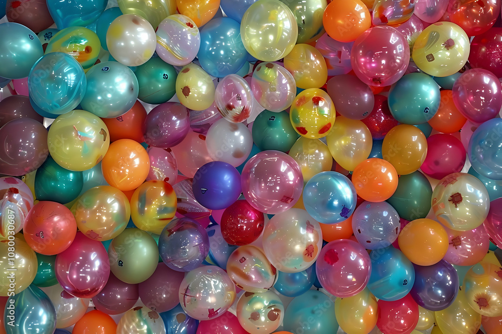 Poster colorful balloons of various sizes and colors are arranged in an intricate pattern, creating a vibra