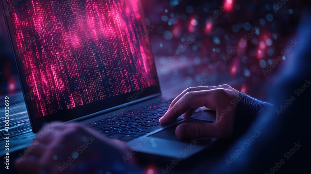 Poster a hand is typing on a laptop displaying vibrant, glowing data streams, creating a futuristic atmosph