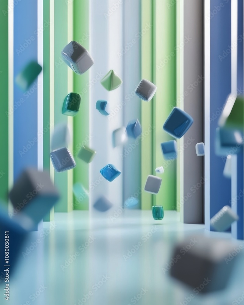 Poster 3d render: multicolored shapes falling down the sides of the frame