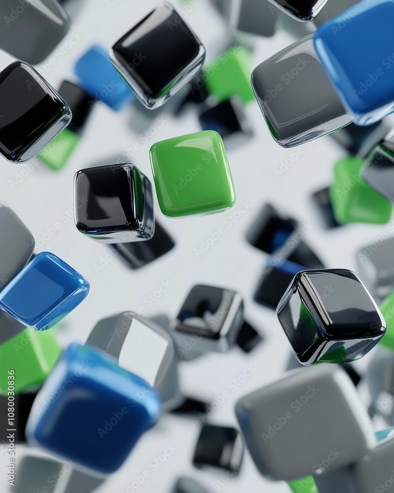 Poster 3d render: multicolored shapes falling down the sides of the frame