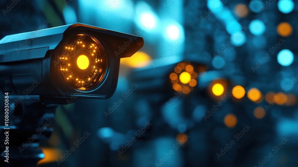 Poster a close-up view of surveillance cameras with glowing lights, set in a high-tech environment, emphasi