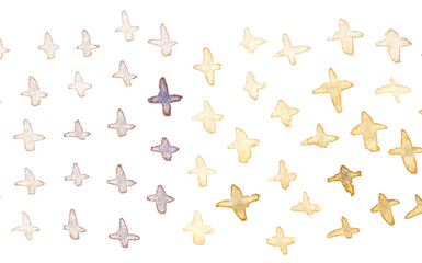 Abstract watercolor birds in flight pattern on white background.