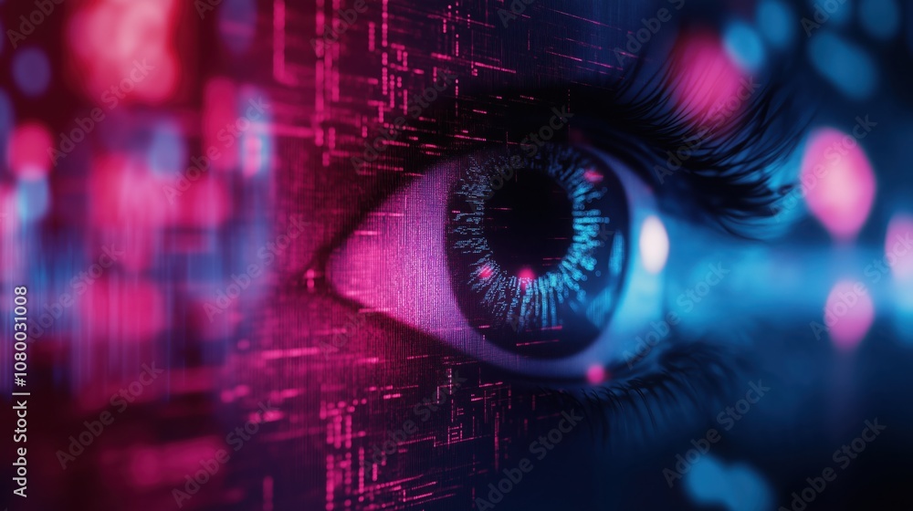 Poster a close-up of an eye surrounded by vibrant digital patterns, symbolizing technology and perception i
