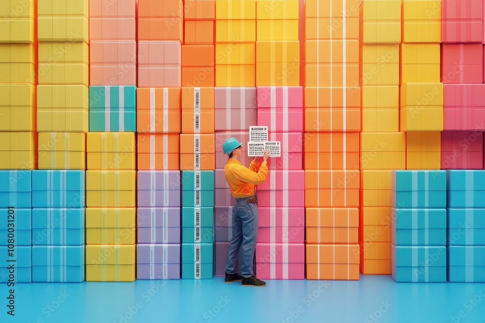 Poster a man is standing in front of a stack of boxes, reading a label