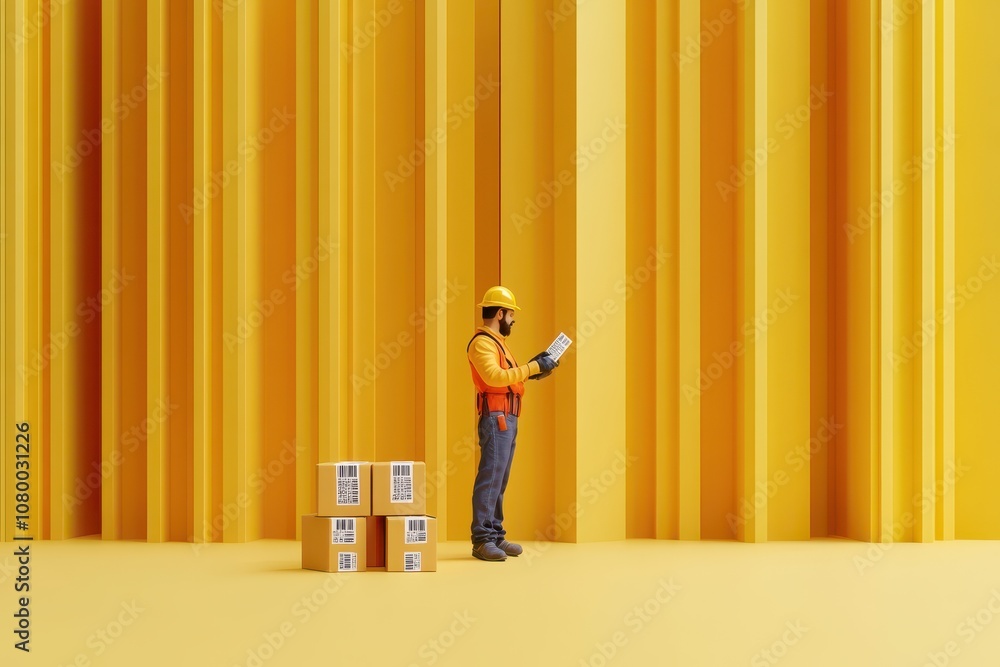 Poster a man in a yellow vest is reading a clipboard in front of a stack of boxes