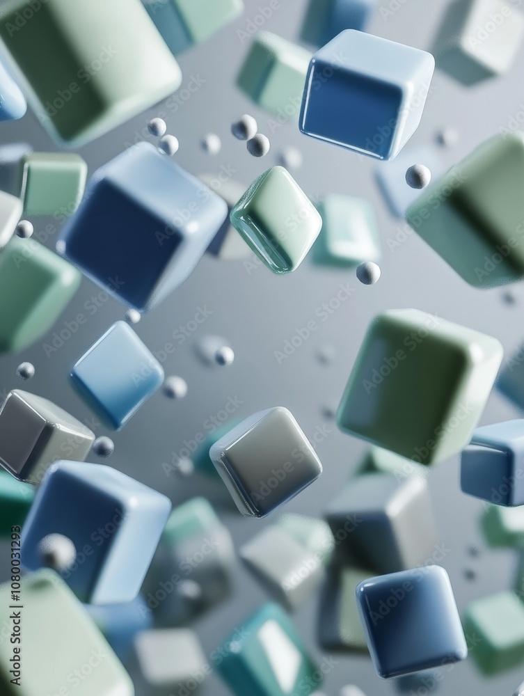Poster 3d render: multicolored shapes falling down the sides of the frame