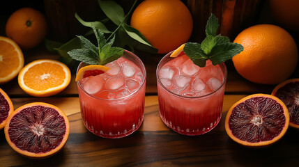 Two Glasses of Blood Orange Cocktail, Citrus and Mint Garnish