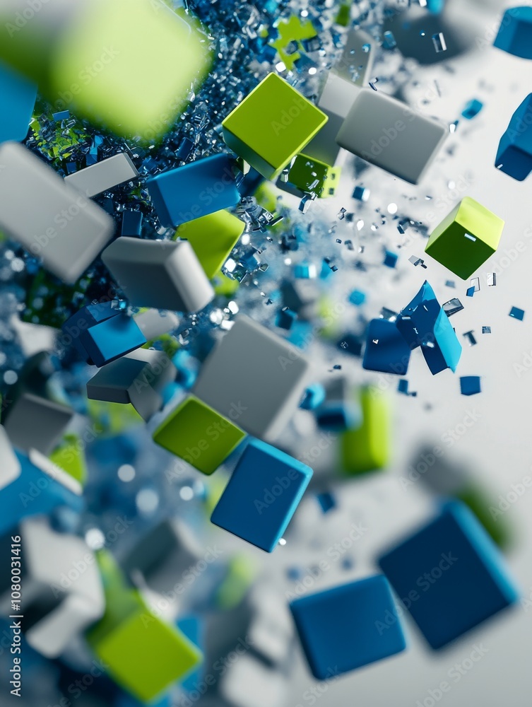 Poster 3d render: multicolored shapes falling down the sides of the frame