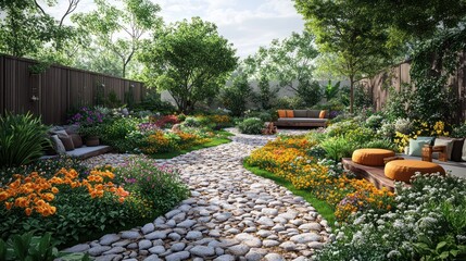 Vibrant garden path adorned with flowers and seating areas.