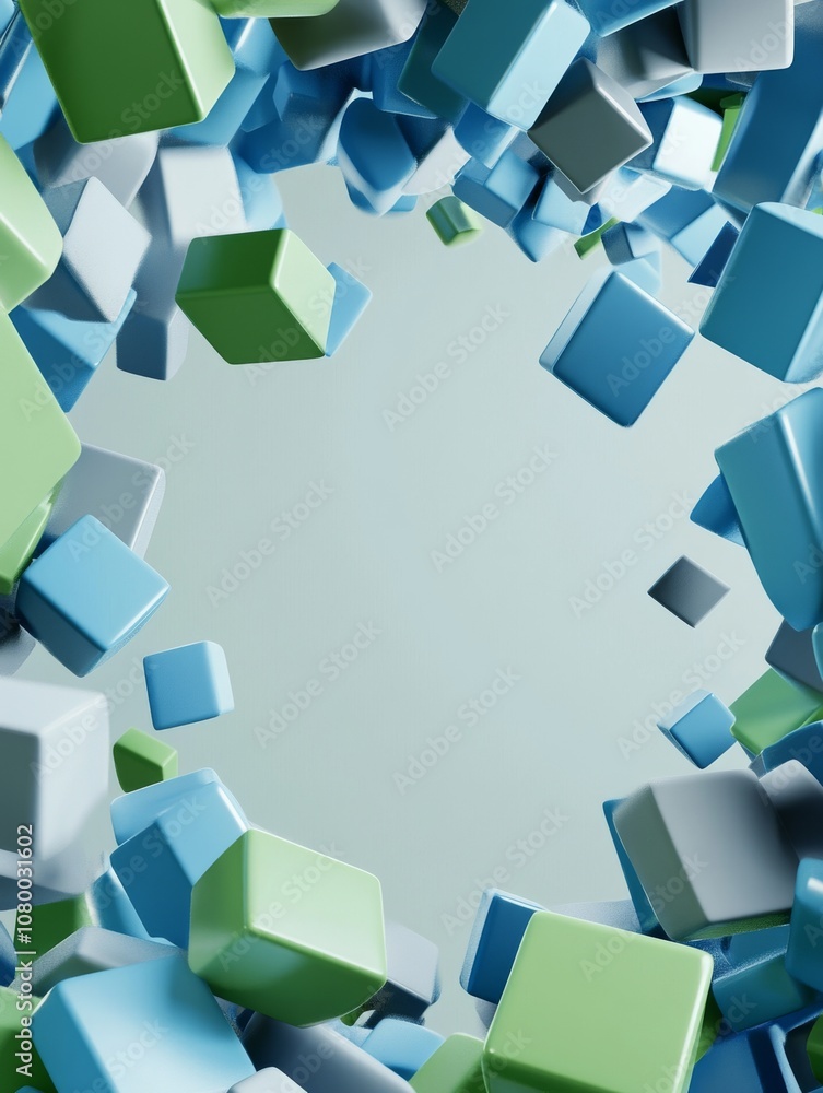Poster 3d render: multicolored shapes falling down the sides of the frame