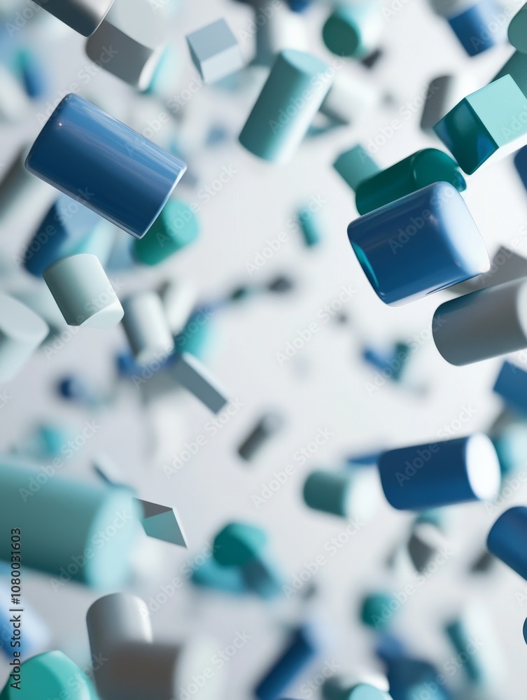 Poster 3d render: multicolored shapes falling down the sides of the frame