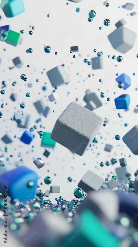 Poster 3d render: multicolored shapes falling down the sides of the frame