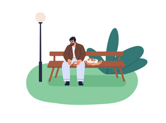 Man sitting alone on bench in park, enjoying street fast food, break, leisure time outdoors. Single person eating snack box, donuts in nature. Flat vector illustration isolated on white background