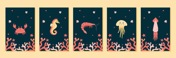 Collection of interior posters with marine animals on dark background. Character in children's style. vector illustration.