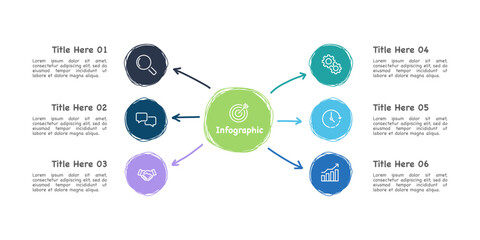 6 Process infographic arrow with circle design template. Diagram, Plan, Annual Report, Presentation, and Organization. Vector illustration.