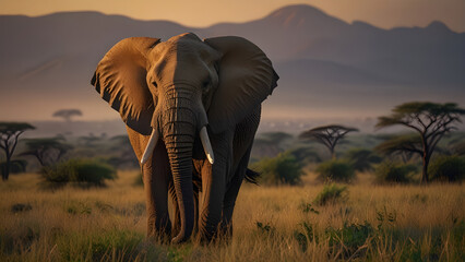 Majestic African Elephant in Grassy Savanna with Tusks at Golden Hour Captured in Ultra Realistic Wildlife Photography - Generated by AI.