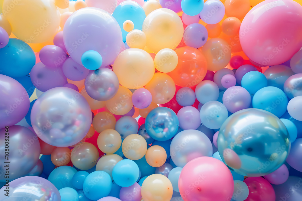Poster colorful balloons of various sizes and colors are arranged in an intricate pattern, creating a vibra