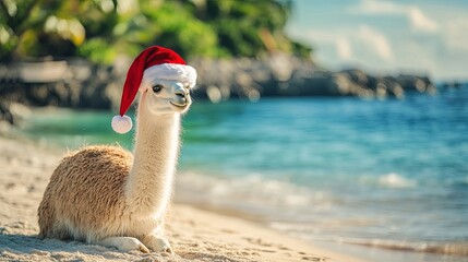 Naklejka premium Llama in santa hat on the beach