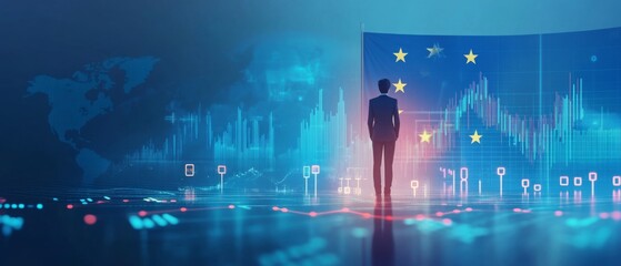 European Union economy and finance . a businessman standing in front of a digital trading platform, economic growth, stock market chart, investment trends global challenges and opportunities.	