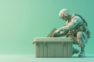 A soldier is looking into a box