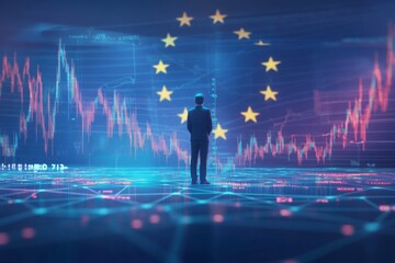 European Union economy and finance . a businessman standing in front of a digital trading platform, economic growth, stock market chart, investment trends global challenges and opportunities.	