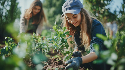 Volunteers planting trees in a community garden to promote environmental sustainability and protect our green planet