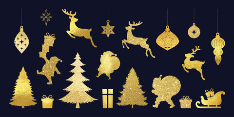 Christmas elements vector set. Luxury decorative element with Christmas tree, gift, santa, reindeer, bauble with gold foil texture. Design for sticker, Happy New year, season's greetings card.