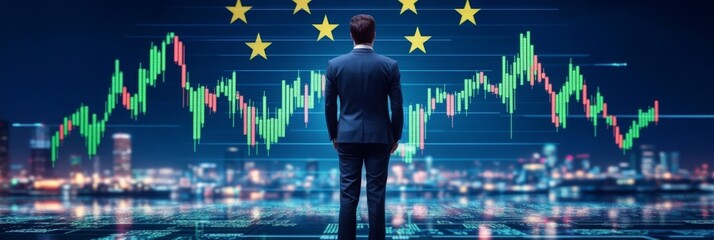 European Union economy and finance . a businessman standing in front of a digital trading platform, economic growth, stock market chart, investment trends global challenges and opportunities.	