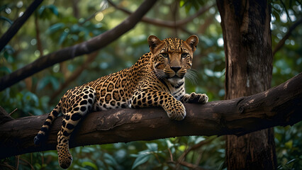 Leopard Resting on Jungle Tree Branch with Golden-Spotted Coat and Piercing Eyes in Late Afternoon - Generated by AI.