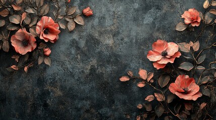 Red Flowers and Brown Leaves on a Dark Grey Textured Background
