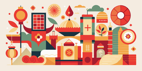 Naklejka premium Abstract minimalist chinese new year design featuring traditional symbols and modern geometric elements