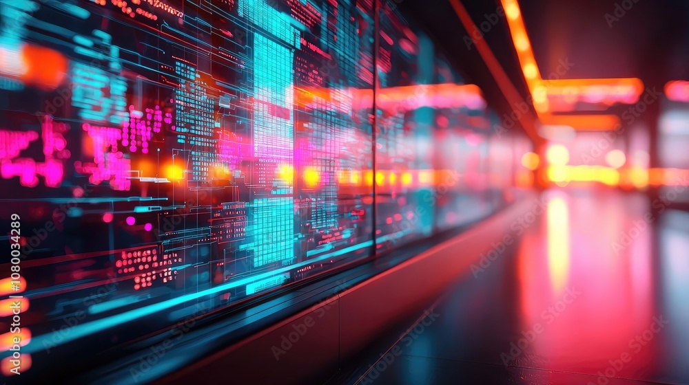 Poster futuristic digital interface with vibrant neon colors and data patterns.