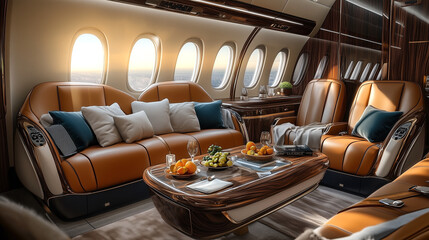 Luxurious private jet cabin interior featuring plush leather seating through large windows.