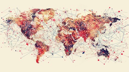A colorful world map with interconnected lines, representing global networks and data flow.