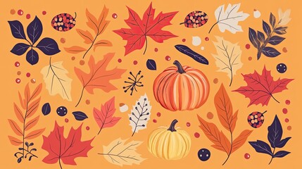 Autumnal Leaves and Pumpkins on Orange Background