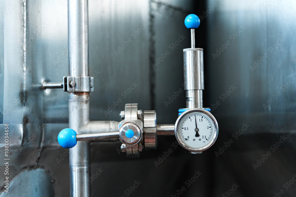Poster a close-up of a pressure gauge and valve attached to a pipe in a factory setting