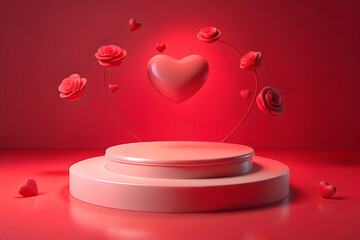 Abstract empty round white podium, hearts and rose flowers floating on red background. Mockup stand for product presentation. 3D Rendering. St Valentines Day Promotion Concept.