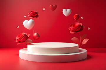 Abstract empty round white podium, hearts and rose flowers floating on red background. Mockup stand for product presentation. 3D Rendering. St Valentines Day Promotion Concept.