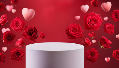 Abstract empty round white podium, hearts and rose flowers floating on red background. Mockup stand for product presentation. 3D Rendering. St Valentines Day Promotion Concept.