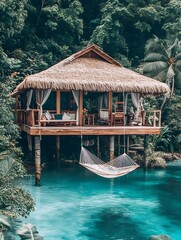 Obraz premium A tropical villa built on stilts above a turquoise lagoon, with a wooden deck, thatched roof, and a hammock over the water.
