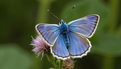 Naklejka premium A closeup of a vibrant blue butterfly perched on a pink flower