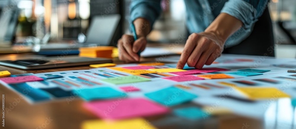 Aufkleber a person's hand places a sticky note on a table covered in colorful notes and a laptop, demonstratin