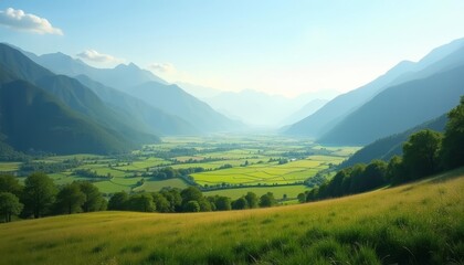 Naklejka premium Enchanting Valley A serene landscape of rolling hills and majestic mountains