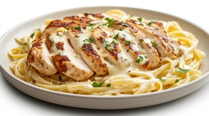Fototapeta premium A comforting chicken Alfredo pasta with tender chicken breast slices tossed in a creamy Parmesan