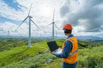 An engineer standing at the base of a giant wind turbine, monitoring wind energy output on a laptop, while a row of massive wind turbines stretch across a green landscape against a blue sky.