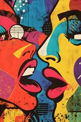 A vibrant pop-art poster featuring bold colors, comic-style outlines, and playful speech bubbles, inspired by classic 1960s comic art.