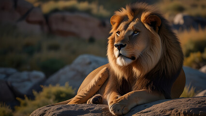 Regal Lion with Golden Mane Resting on Rocky Outcrop with Intense Gaze in Afternoon Sunlight - Generated by AI.