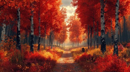 Fototapeta premium A serene autumn forest path with vibrant red foliage.