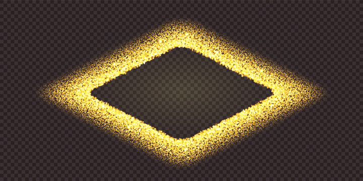 Gold dust diamond shape frame. Splattered golden glitter as a rhombus for award bg. Glitz starry sand sprayed in round shape with empty space inside. Vector illustration with overlay effect
