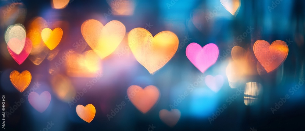 Poster blurred heart-shaped bokeh background featuring dynamic abstract motion of twinkling city lights ill